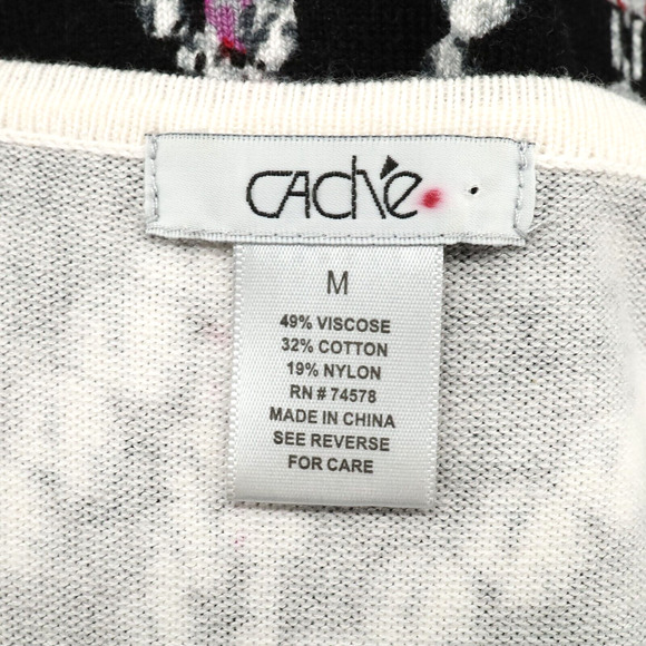 Cache Sweater Womens Medium Black Pink Low Cut Out Jewelry Print Pullover - Picture 3 of 11